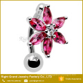 Surgical Steel Barbell Clear Fuchsia Cubic Zircon Flower Top Down Belly Ring
